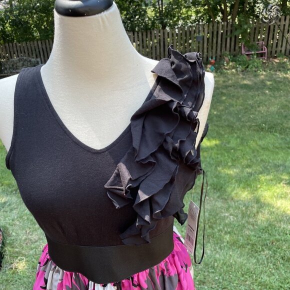 Elle Black & Pink Floral Dress With Ruffle One-Shoulder Detail XS - Picture 4 of 15